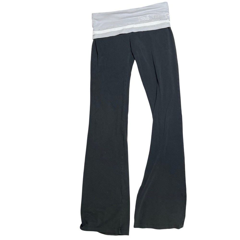 Victorias Secret PINK y2k Yoga Flare Leggings Black Gray Rhinestone Foldover S